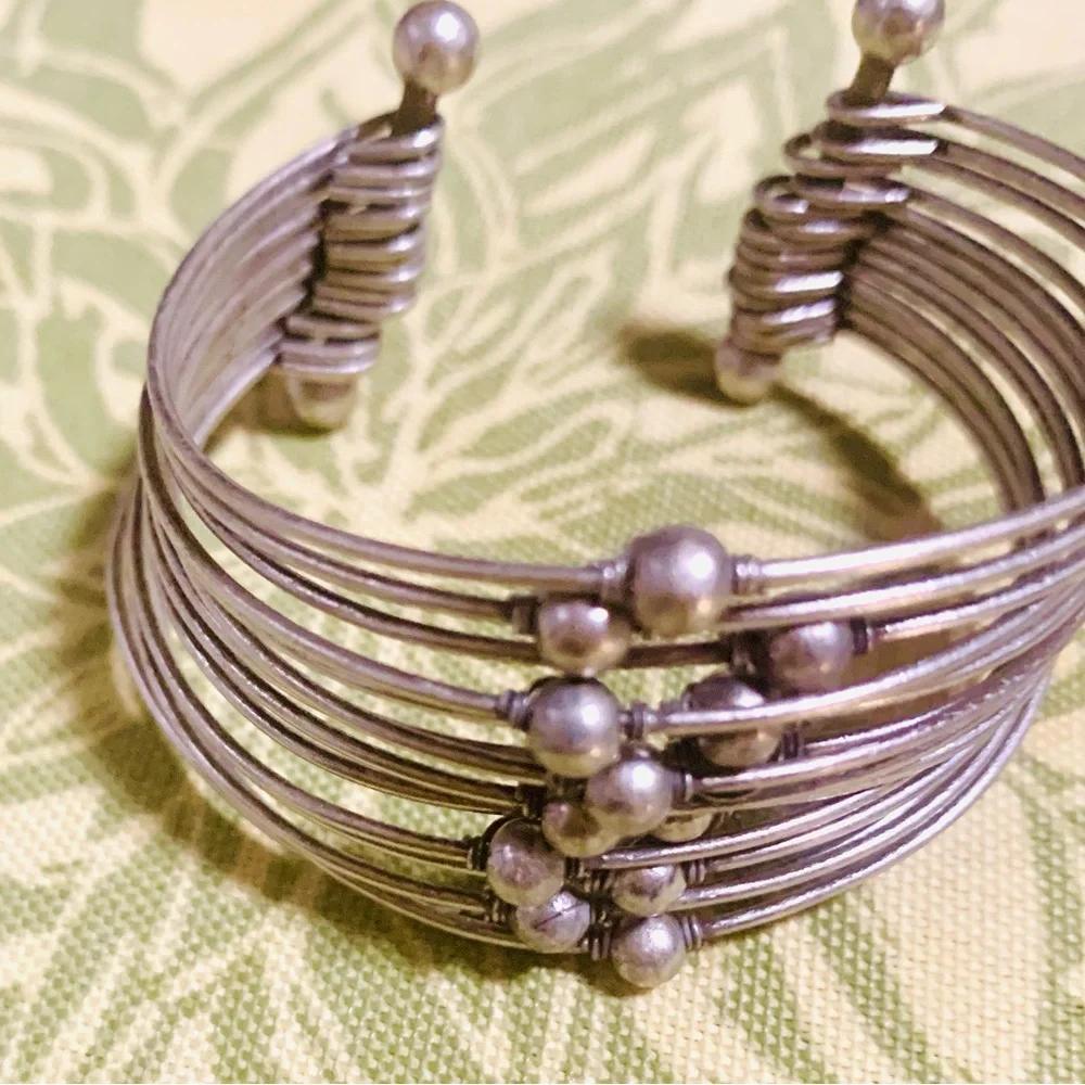 Silver Tone Beaded Multi Wire Cuff Bracelet